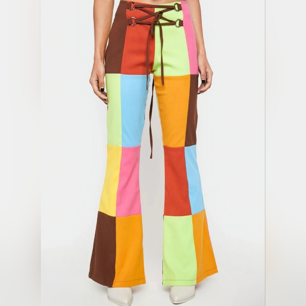 The Ragged Priest NWT Multi Color Panelled Flares w/ Lace Up Front